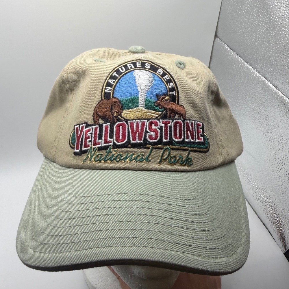 Yellowstone National Park Embroidery Adjustable Khaki Green Cotton Baseball Hat